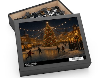 May include: A Christmas-themed puzzle in a black box. The puzzle image depicts an ice skating scene with a large decorated Christmas tree, string lights, and people. The box reads "11x14 Puzzle 252 pcs Ages 9+".