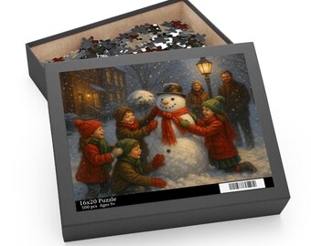 May include: A 16x20 inch puzzle box with a winter scene of children building a snowman. The box is open, revealing the puzzle pieces. The image shows a snowman with a red scarf and hat, surrounded by children in winter clothing.