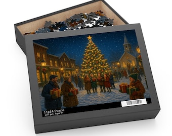 May include: A Christmas-themed puzzle in a gray box. The puzzle image depicts a snowy town square with a decorated Christmas tree, people singing carols, and a church. The box reads "11x14 Puzzle" and "252 pcs Ages 9+".