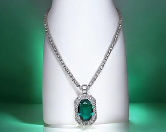 Vintage OTIS Sterling Silver Rhinestone Necklace – Emerald Green Stone Double Halo Art Deco Choker, 14 Inch Statement Piece