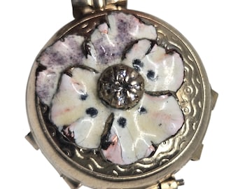 Vintage CORO Photo Locket Pendant – Signed Patent Pending – 4Way Opening – 10K Gold Plate – Enamel Flower Top - Unique Old Collectible Piece