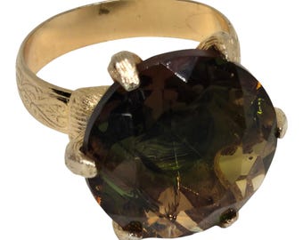 Vintage Smokey Quartz Rhinestone Paste Gold Tone Adjustable Ring | Statement Cocktail Ring | Retro Costume Jewelry | Gift for Her