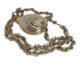 Vintage AVON Shell Locket Perfume Bottle Necklace – Gold Tone Chain – Collectible Avon Jewelry – Retro Statement Pendant