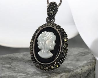 Cameo 925 Sterling Silver Marcasite Vintage  Pendant  So Cute Great for Jewelry and Cameo Lovers
