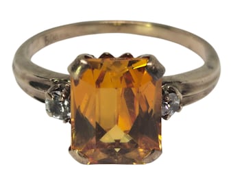 Anello vintage con zaffiro arancione e quarzo - Oro giallo massiccio 10 carati - Misura 7.25 - Elegante anello con pietra preziosa dai toni caldi - Anello di tendenza