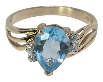 Anello a goccia in oro giallo massiccio 10 carati con topazio blu e dettagli in diamanti – Misura 7 – Anello da cocktail vintage di grande effetto