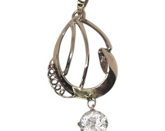 12K Yellow Solid Gold White Topaz Pendant – Vintage Filigree Design, Round-Cut Gemstone Charm Pendant - Circa 1910s Fine Jewelry