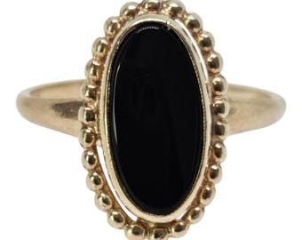 10K Solid Yellow Gold Beaded Oval Black Onyx Ring – Elegant Minimalist Women’s Jewelry – Dainty Statement Ring – Vintage Style Ring