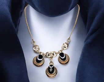 Collana vittoriana a goccia in onice nero riempito in oro 14 carati, piccolo accento di diamante