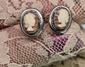 Vintage Cameo Studs 925 Sterling Silver Beautiful Earrings