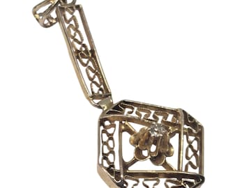 Collana antica edoardiana con pendente a forma di lavalier in oro giallo 10 carati e diamanti / Gioielleria raffinata degli anni '10 circa