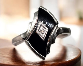 Vintage 10K Solid White Gold Black Onyx Ring with Diamond Accent | Signed | Size 6 | Art Deco Fine Jewelry