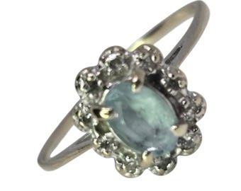 14K White Gold Aquamarine Ring – Oval Center Stone Halo w/ Diamond Accents – Size 6.5 – Elegant Fine Jewelry Gift