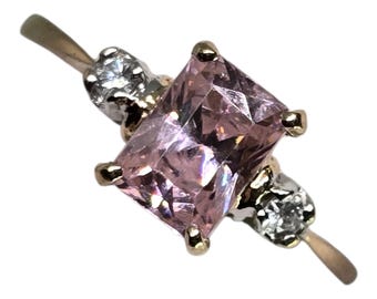 10K Yellow Gold Light Pink Morganite Ring | Solid Gold Crystal Accent Ring | Size 7 | Minimalist Pink Gemstone Jewelry | Estate Retro | Gift