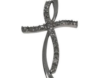 Ciondolo a croce vintage con diamanti in oro bianco 10 carati – Design intrecciato, collana leggera da quasi 1 pollice e 1 g