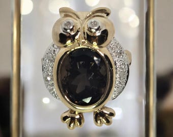 10K Yellow Gold Owl Pendant Charm Brooch | Smoky Quartz & Diamond Accent | Vintage Gemstone | Solid Gold Unique Gift Gem Collectible Piece