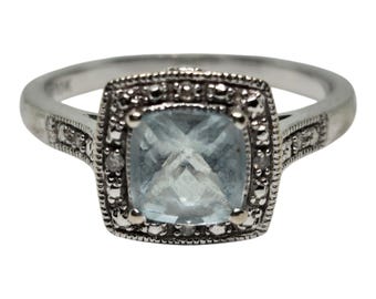Aquamarine Halo Ring – 10K White Gold – Size 6.75 – Vintage Style March Birthstone – Elegant Blue Gemstone Ring – Hallmarked 10K