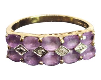 10K Yellow Gold Vintage Amethyst Diamond Cluster Cocktail Ring | Size 6.45 | Estate Jewelry | February Birthstone | Gift for Women