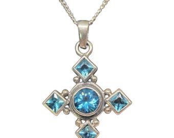 Vintage Sterling Silver Cross Pendant with Blue Crystal Accent Beautiful Religious Jewelry Gift