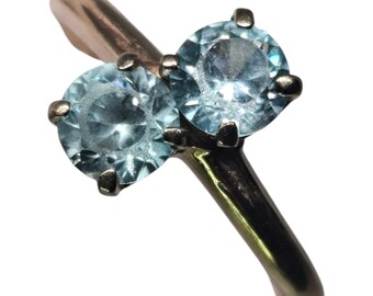 Anello vintage con topazio azzurro cielo / Gemme di topazio doppio rotondo / Anello in oro giallo 10 carati / Misura 8 / Anello con pietra preziosa blu / Gioielli con pietra portafortuna di dicembre