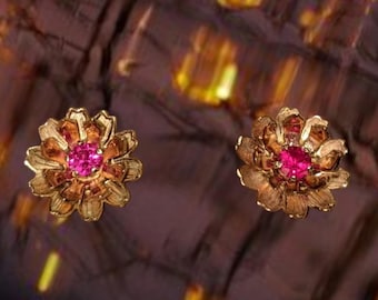 Orecchini vintage con fiori di rubino: orecchini a forma di margherita in oro giallo massiccio 10K