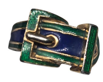 Ciner American Designer Enamel Ring | Green & Blue Gold Tone Belt Buckle Style | Vintage Statement Ring | Gift for Women