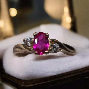 10K Yellow Gold Oval Cut Ruby Crystal Accent Ring | Vintage Style Ruby Ring | July Birthstone Ring | Size 6.5 Gift for Her