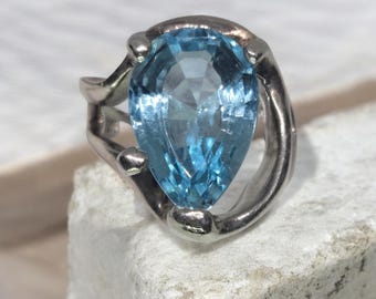TAXCO Ocean Blue Teardrop Topaz Ring | 925 Sterling Silver | Size 6 | Large Statement Gemstone Ring | TC-44 | Museum Quality Unique Piece