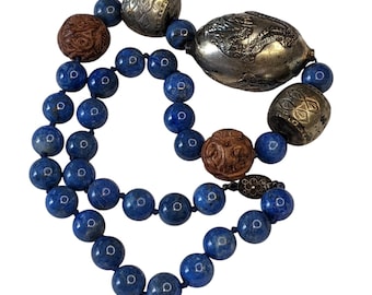 Collana in lapislazzuli autentico - Perle d'argento con centro drago cinese, gioielli asiatici vintage