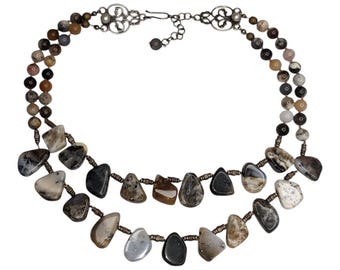 925 Sterling Silver Multi-Color Gemstone Bib Necklace – Adjustable Beaded Boho Statement Collectable Piece