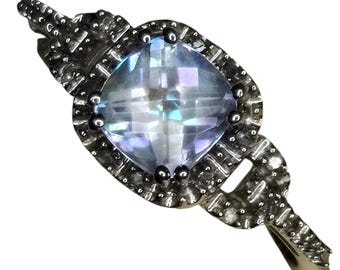 Anello Halo in oro bianco 10 carati con topazio mistico azzurro chiaro e diamanti, stile cuscino, taglia 6,5, timbrato JWBR, regalo per lei