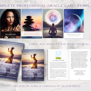 Lot professionnel complet de modèles de création de cartes Oracle pour Canva Pro : 44 cartes, couvertures et un livret de 115 pages avec boîte de 2 modèles