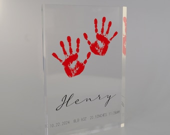 Baby handafdruk kunst, pasgeboren voetafdruk acryl blok, gepersonaliseerd babycadeau, persoonlijke geboortegegevens, je bent geboren, babyshower, pasgeboren cadeau