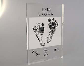 Acrylplaat met voetafdruk voor pasgeboren baby, fotolijstje met handafdruk voor baby, gepersonaliseerde geboortedetails, gepersonaliseerd babycadeau, babyshower, cadeau voor pasgeboren baby