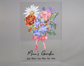 Birth Month Flower Acrylic Plaque, Personalized Birth Flower Bouquet, Custom Birth Month Flower Art, Personalized Gift for Mum for Grandma
