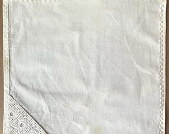 Vintage White Lace Corner Napkin | Embroidered Linen Cocktail Napkin with Cutwork Detail