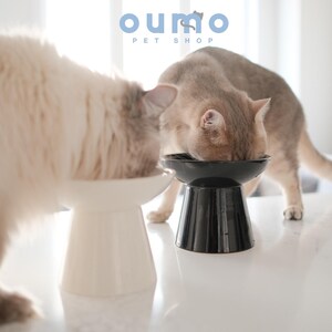 May include: Two cats eating from elevated ceramic pet bowls. One bowl is white and the other is black. The bowls are on a white surface. The text "oumo PET SHOP" is visible in the background.