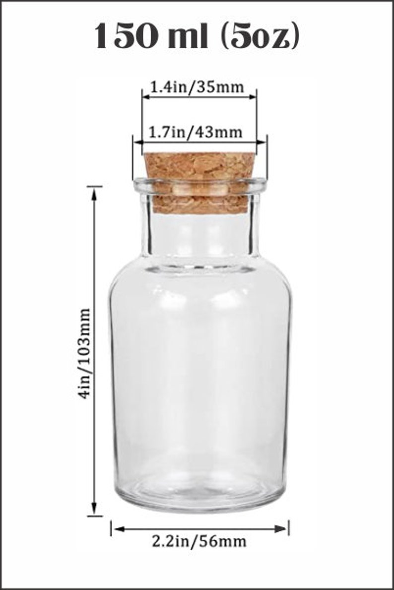 K&ouml;nnte beinhalten: Klare Glasflasche mit Korken. Die Flasche ist 103 mm hoch, 56 mm breit und fasst 150 ml. Der Korken ist 43 mm breit und 35 mm dick. Die Flasche ist leer.