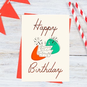 Cartão de bolo de aniversário retrô - Saudação moderna de meados do século para impressão - Download instantâneo