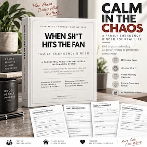 Könnte beinhalten: Ein weißer Ringordner mit der Aufschrift When Sh*t Hits The Fan Family Emergency Binder in schwarzer Schrift. Das Set enthält 42 druckbare A4-Seiten für Haushalts-, Medizin- und Finanzinformationen sowie Formulare für Notfallpläne und Kontakte.