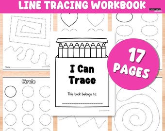 Puede incluir: Un libro de trabajo en blanco y negro con el título "I Can Trace" y una caja de lápices de colores. El libro de trabajo es para estudiantes de pre-K y jardín de infantes y tiene 17 páginas de actividades de trazado de líneas.