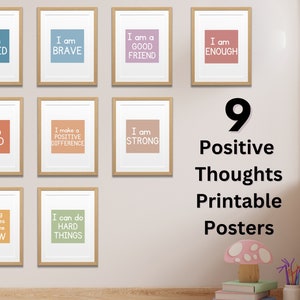 9 carteles de pensamientos positivos, impresiones de mentalidad de crecimiento para niños, carteles de arte de pared de afirmación para niños, carteles Montessori, decoración imprimible para la escuela en el hogar