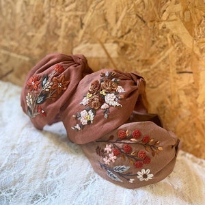 Brown  Flower Garden Embroidered Wide Headband, Linen Knot Turban, Cute Embroidery Hairband, Vintage Boho Hair Accessories