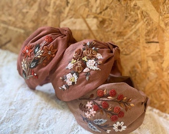 Brown  Flower Garden Embroidered Wide Headband, Linen Knot Turban, Cute Embroidery Hairband, Vintage Boho Hair Accessories