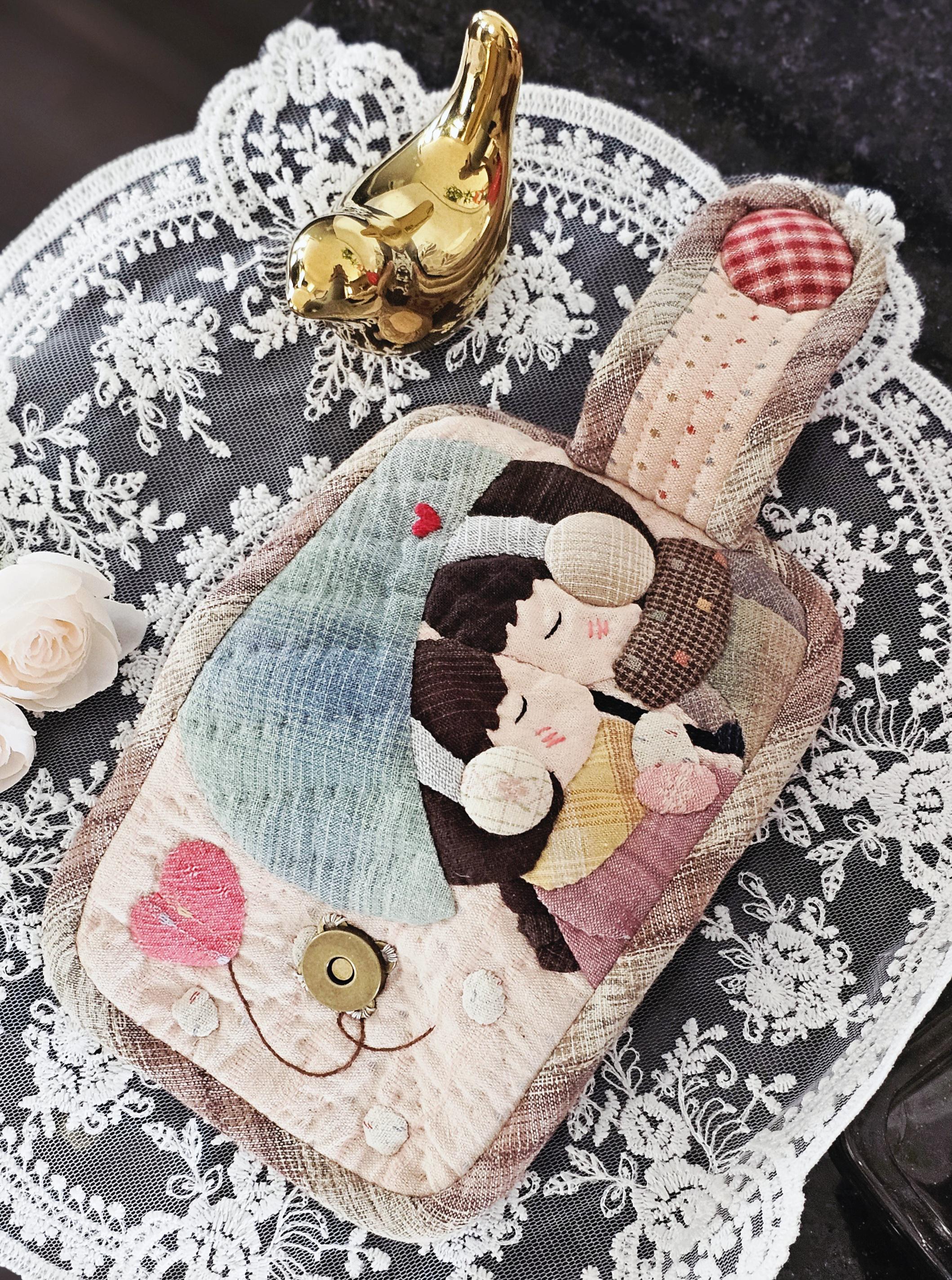 Handmade Patchwork Quilted Wallet: Bunny & Girl Design, Yarn-Dyed Cotton
