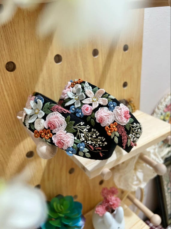 Boho Embroidered Flowers Blossoms Knot Headband Bohemian Flower Embroidered Knot Headbands, Set of 2  main image 2