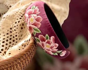 Embroidered Floral Velvet Headband | Spring Handmade Hair Accessory