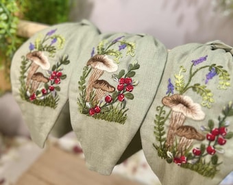 Faixa de cabelo tipo turbante em linho bordado – Design artesanal com nó floral – Faixa de cabelo para a primavera