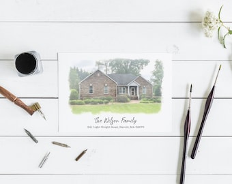 Watercolor House Portrait Moving Announcement Postcard: Address Change