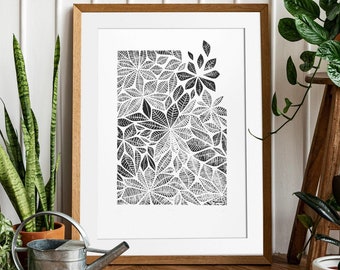 Nature linocut: graphic foliage. Original print, numbered and signed series